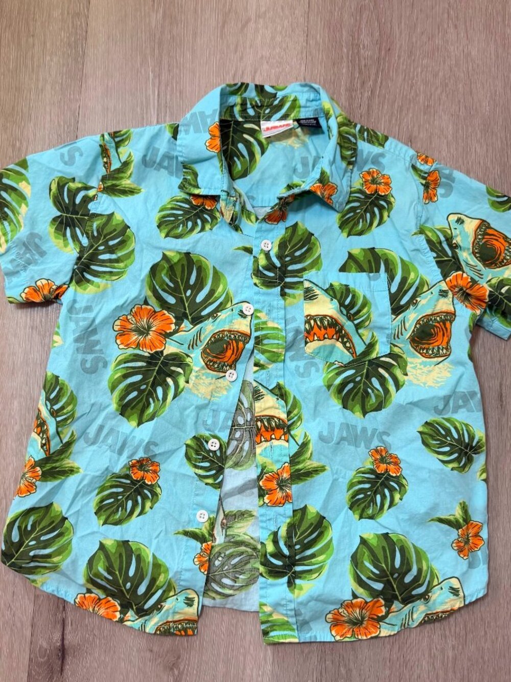 JAWS Movie Boys Hawaiian Button Down Shirt Tropical Shark Blue Small S 6/7